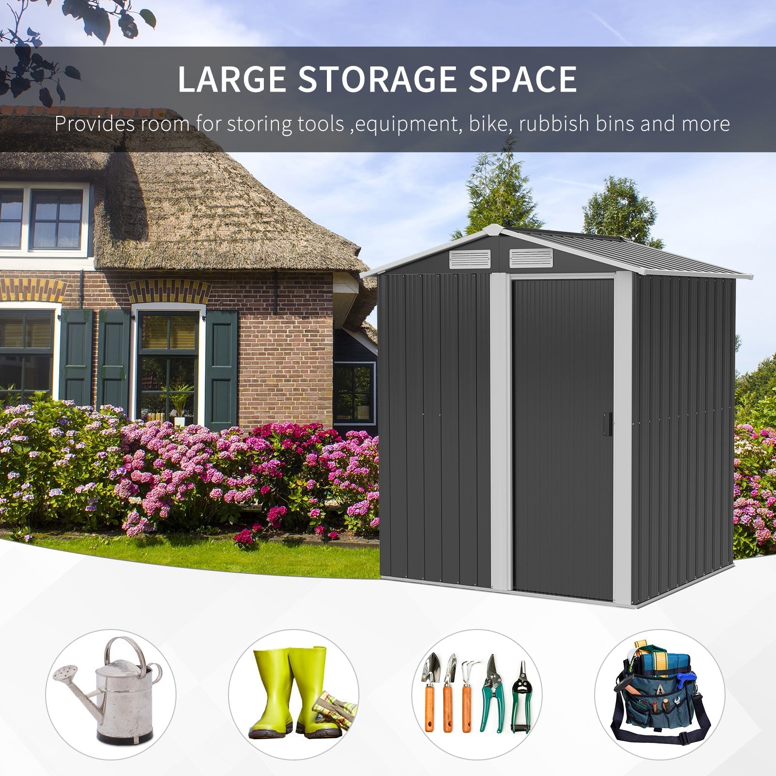 Dark gray metal garden shed with white trim and sliding door featuring a foundation kit for easy access inside