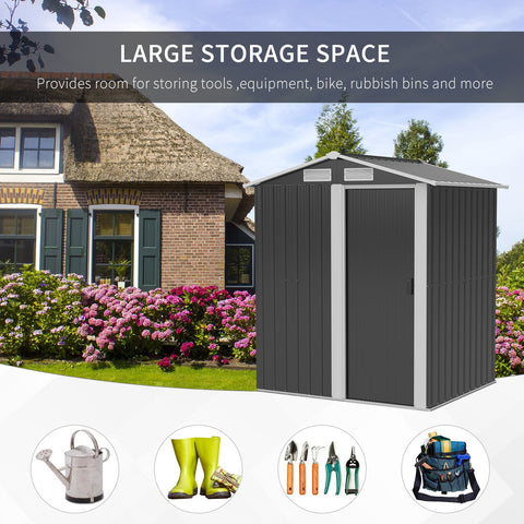 Dark gray metal garden shed with white trim and sliding door featuring a foundation kit for easy access inside