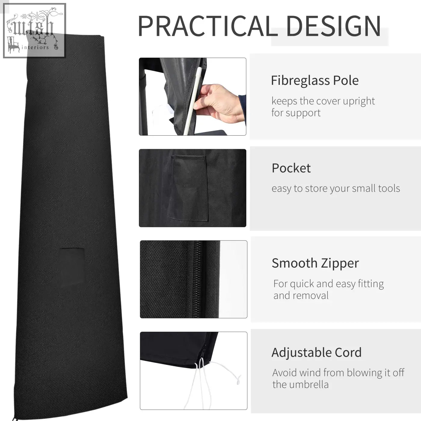 Black fabric garden parasol cover with fibreglass pole and adjustable cord made of durable 300d oxford cloth