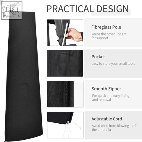 Black fabric garden parasol cover with fibreglass pole and adjustable cord made of durable 300d oxford cloth