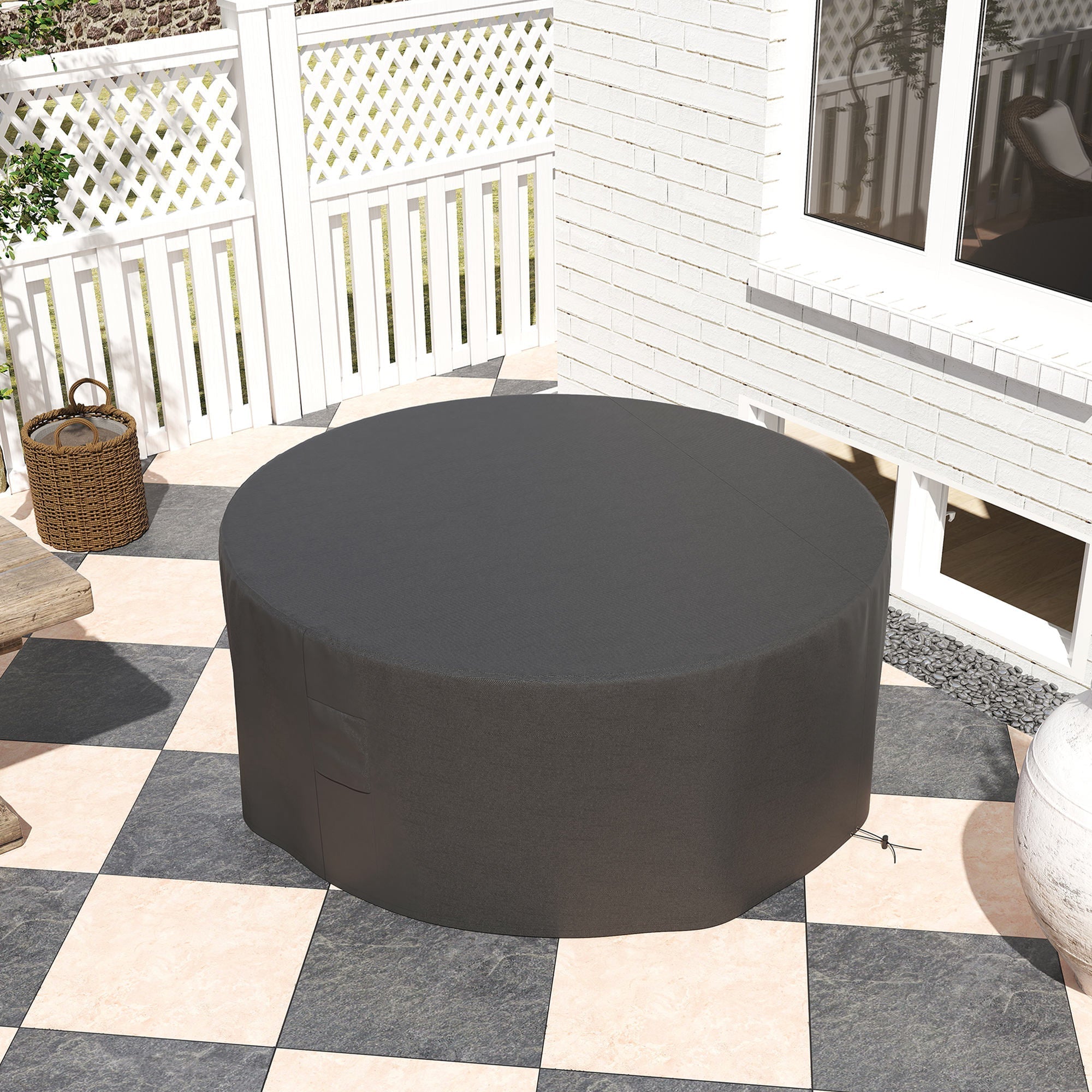 Dark gray round patio fire pit cover made of durable 600d oxford fabric with pvc coating for outdoor use
