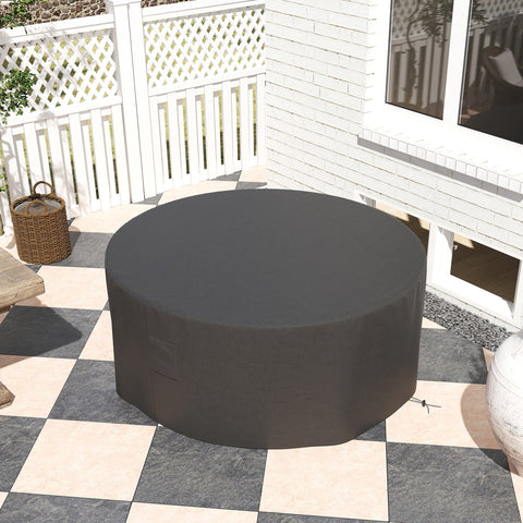 Dark gray round patio fire pit cover made of durable 600d oxford fabric with pvc coating for outdoor use