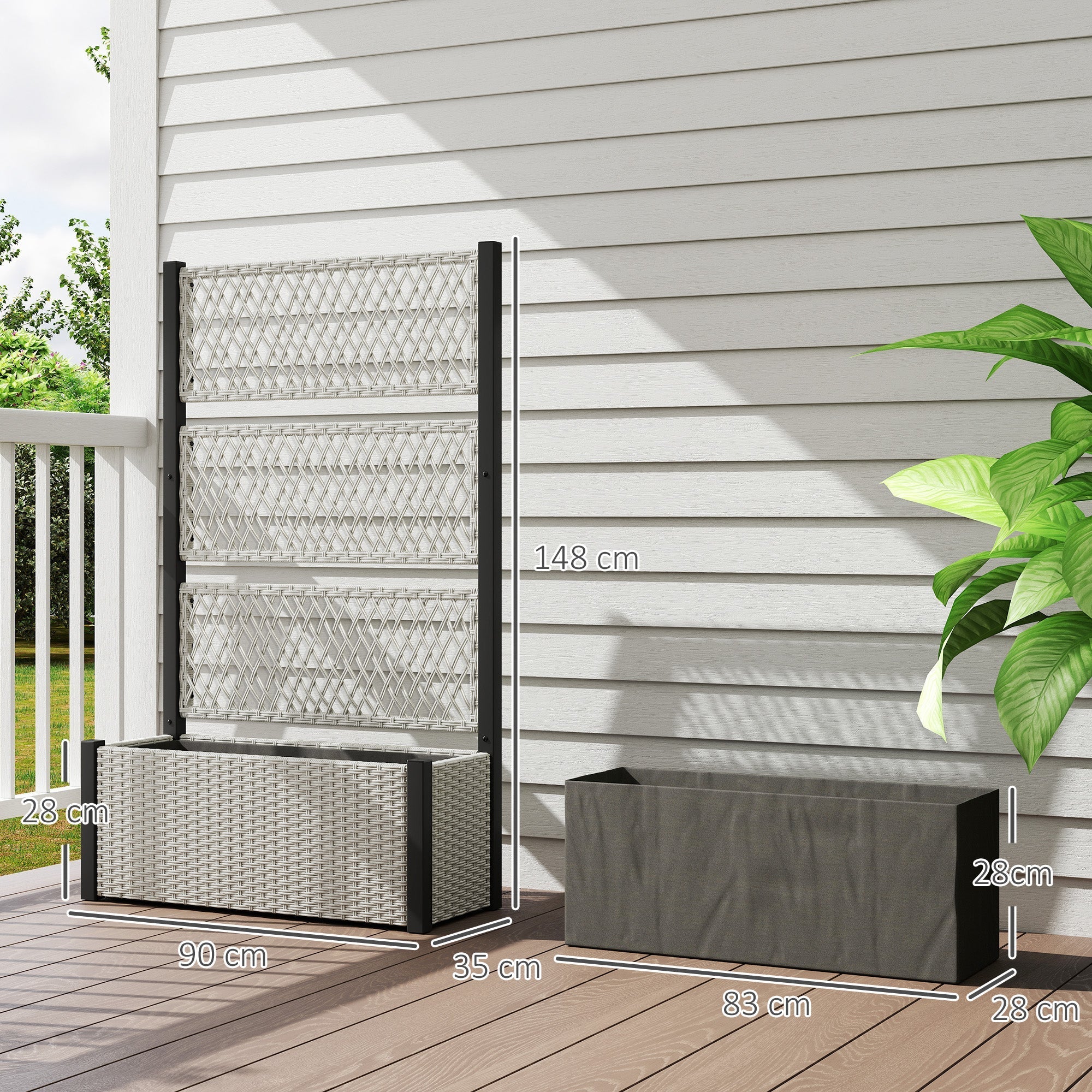 Gray woven wicker garden planter with black metal frame and built-in trellis for climbing plants weather-resistant pe rattan