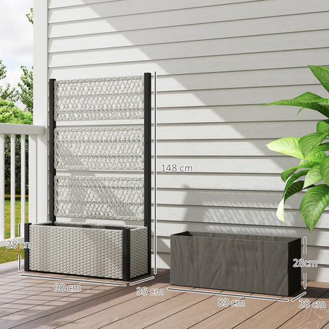 Gray woven wicker garden planter with black metal frame and built-in trellis for climbing plants weather-resistant pe rattan