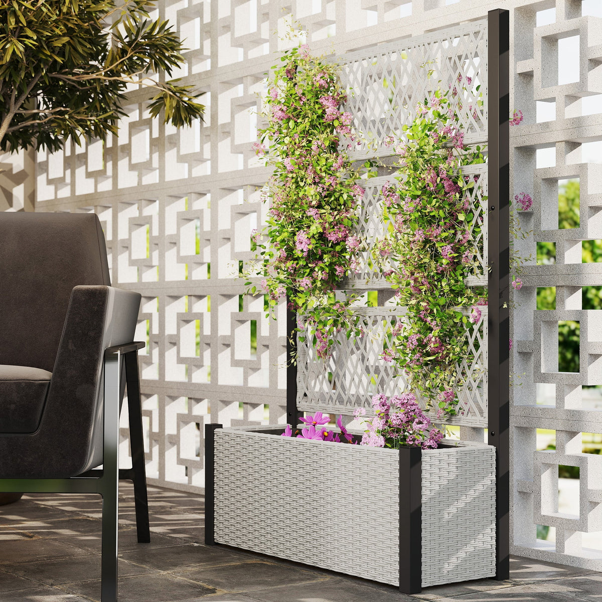 Gray woven wicker outsunny garden planter box with built-in trellis and weather-resistant pe rattan for climbing plants
