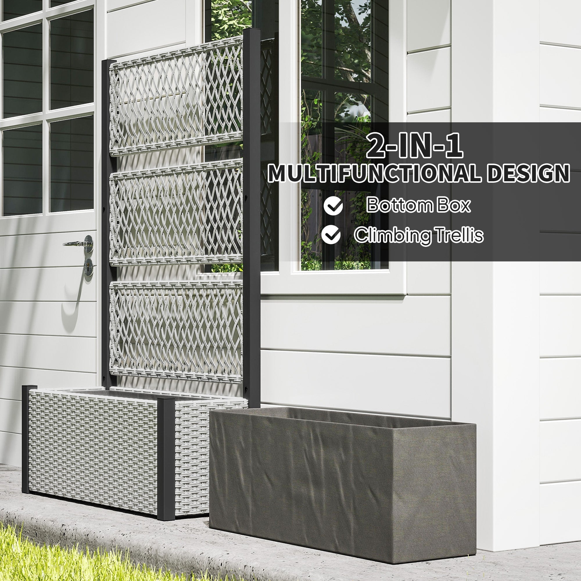 Gray woven plastic garden planter with built-in trellis for climbing plants made of weather-resistant pe rattan