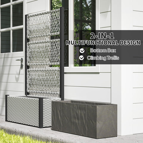 Gray woven plastic garden planter with built-in trellis for climbing plants made of weather-resistant pe rattan