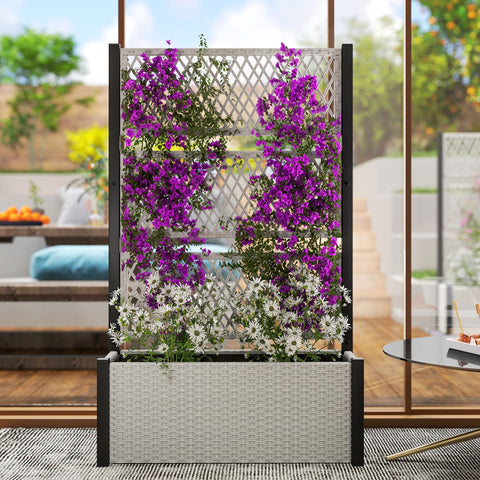 Gray woven outsunny garden planter box with built-in trellis for climbing plants made of weather-resistant pe rattan