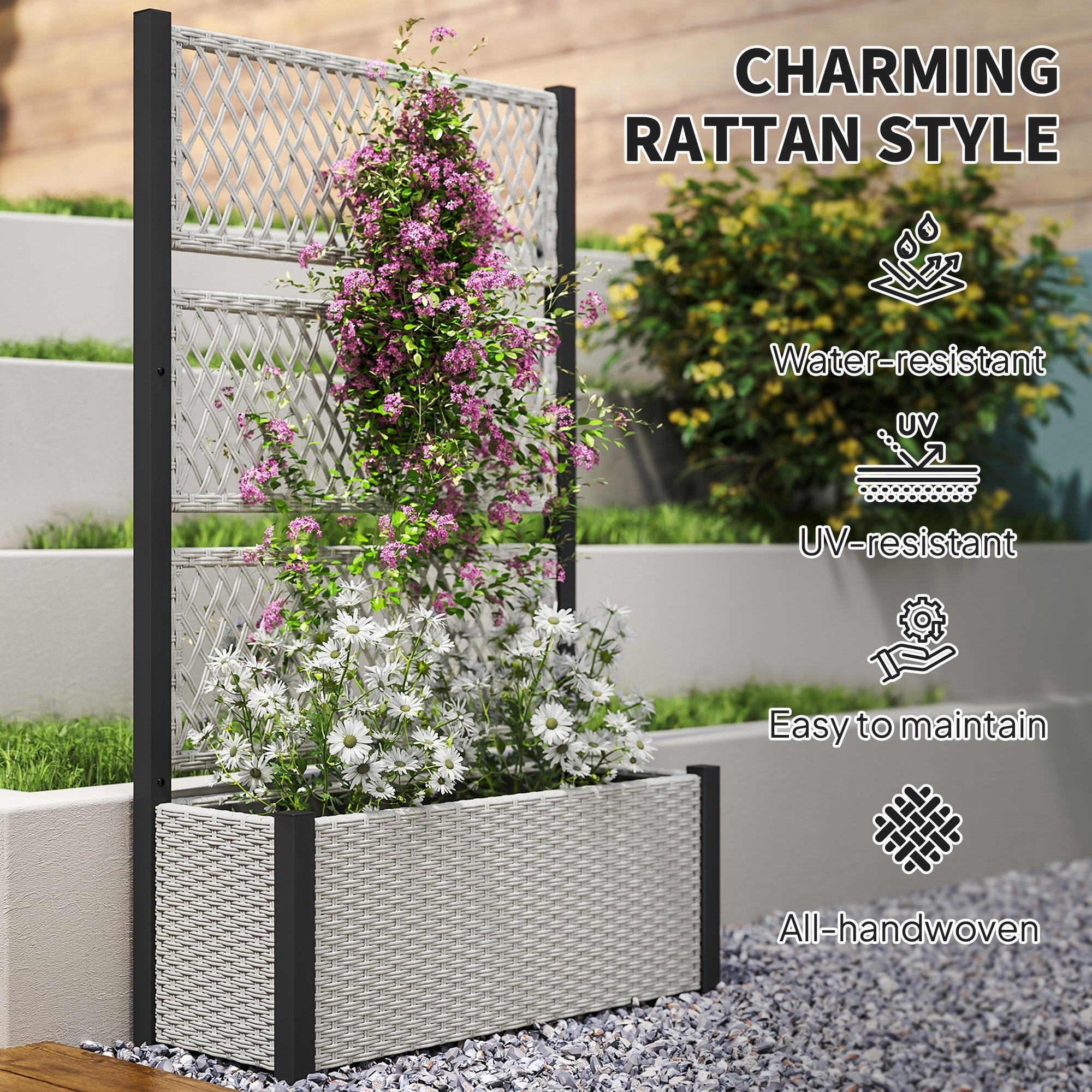 Gray woven weather-resistant pe rattan planter with black metal frame and built-in trellis for climbing plants