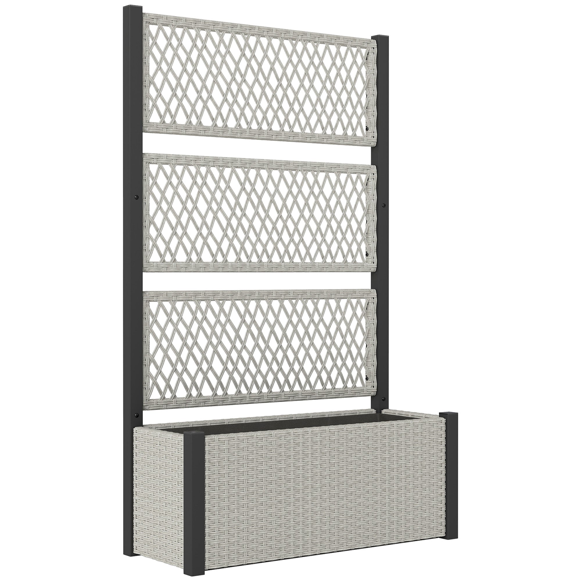 Gray woven wicker garden planter box with built-in trellis for climbing plants made of weather-resistant pe rattan