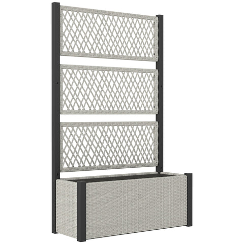 Gray woven wicker garden planter box with built-in trellis for climbing plants made of weather-resistant pe rattan