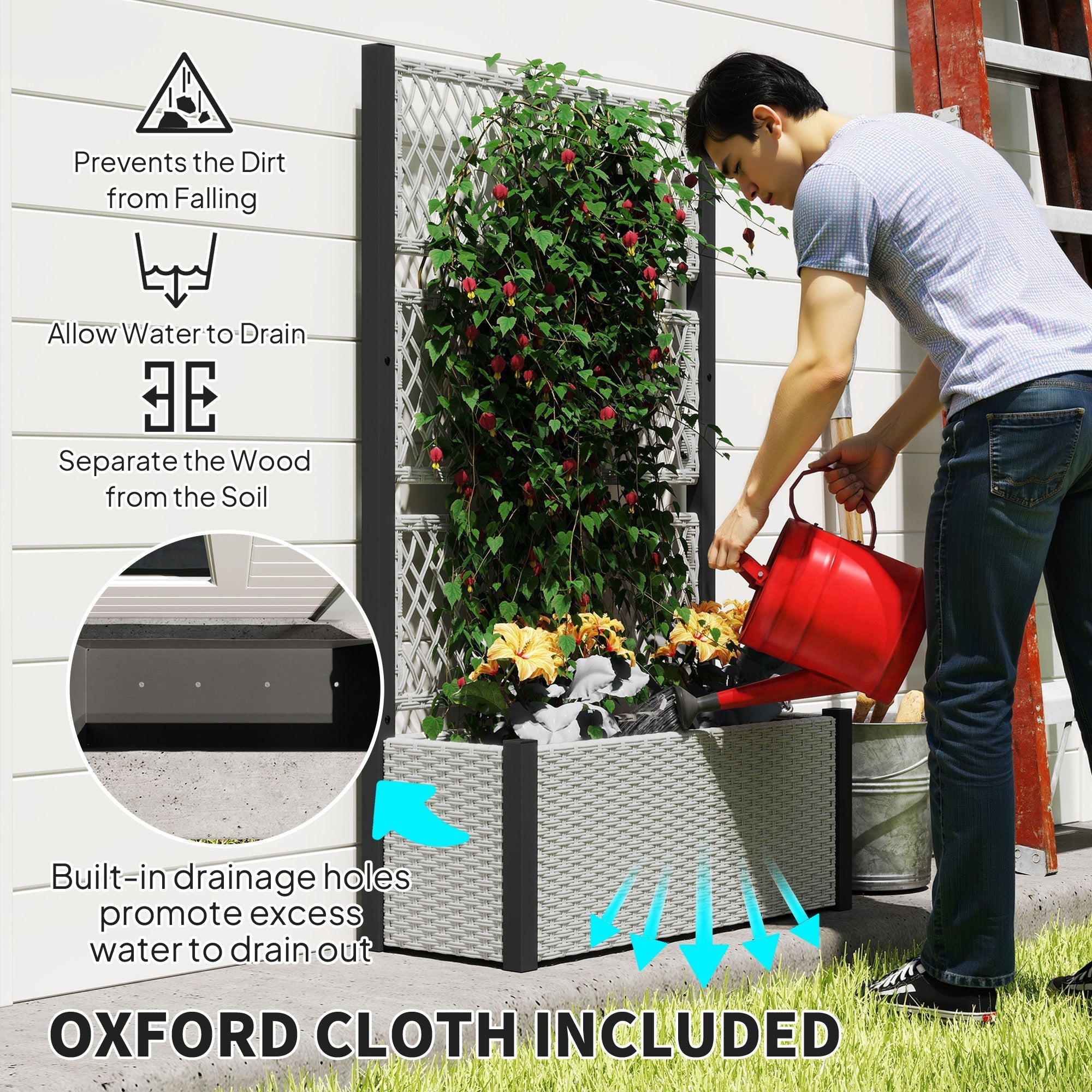 Gray woven wicker planter box with black trim and built-in trellis for climbing plants made of weather-resistant pe rattan