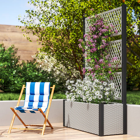 Gray woven outsunny garden planter box with black frame built-in trellis filled with climbing plants and daisies