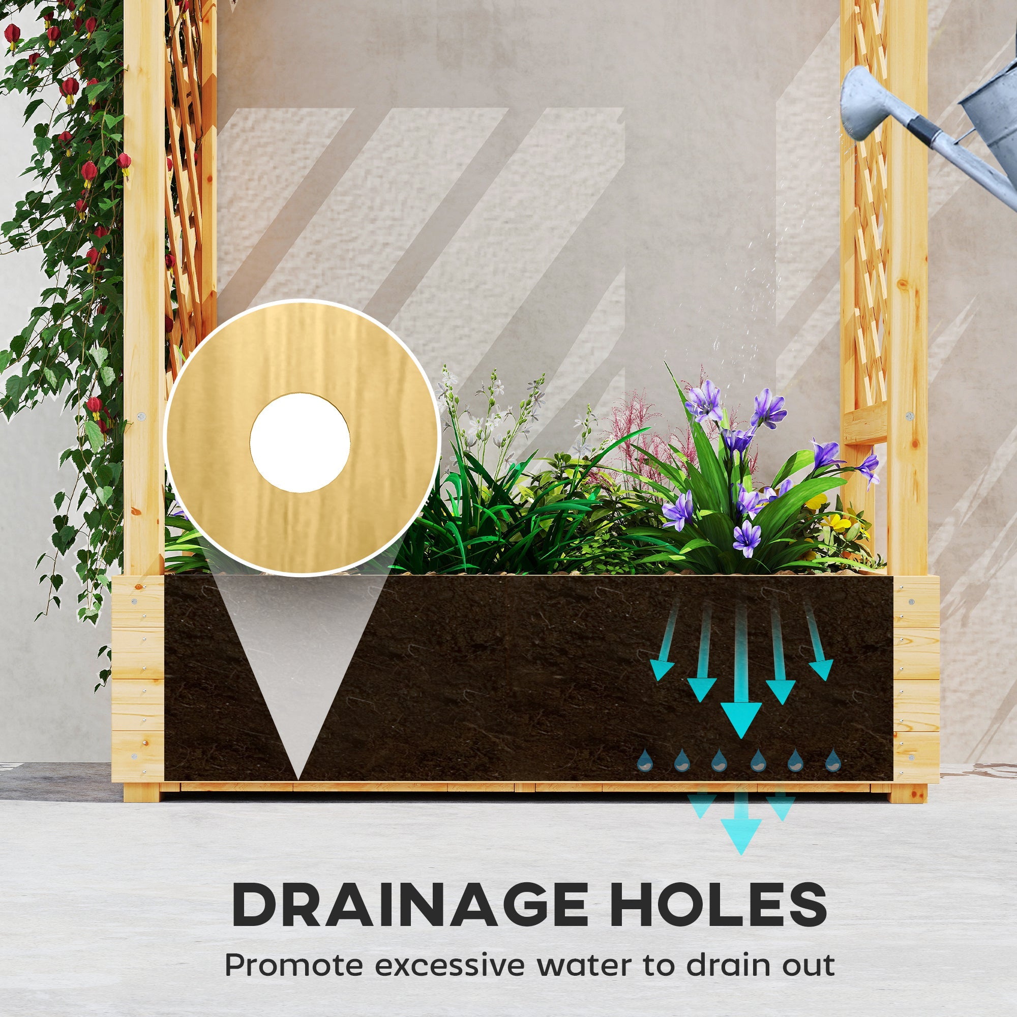 Light-colored fir wood garden bed planter with dark brown interior and drainage holes 110w x 44d