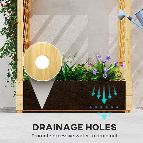 Light-colored fir wood garden bed planter with dark brown interior and drainage holes 110w x 44d