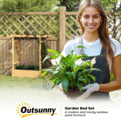 Lush white peace lily in a dark brown container inside an outsunny fir wood garden bed 110w x 44d with trellis