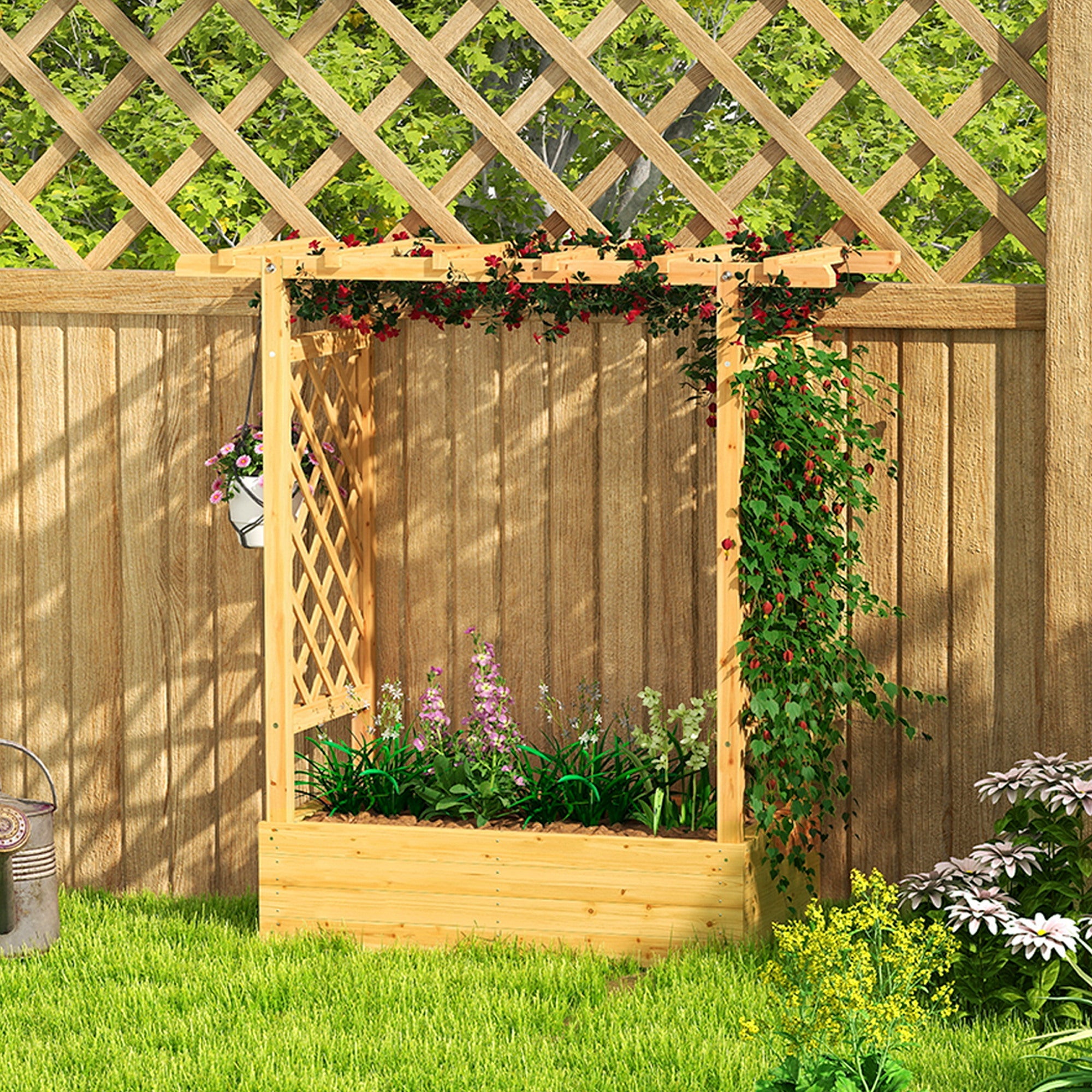 Light-colored fir wood garden bed trellis with lattice design and planter box 110w x 44d for herbs and flowers