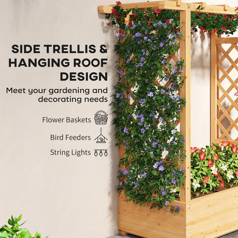 Outsunny garden bed with fir wood trellis in natural light color 110w x 44d featuring climbing purple flowers