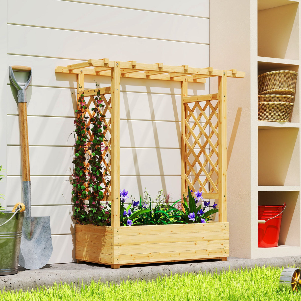 Outsunny light natural fir wood garden bed with trellis 110w x 44d featuring climbing green vines and purple flowers