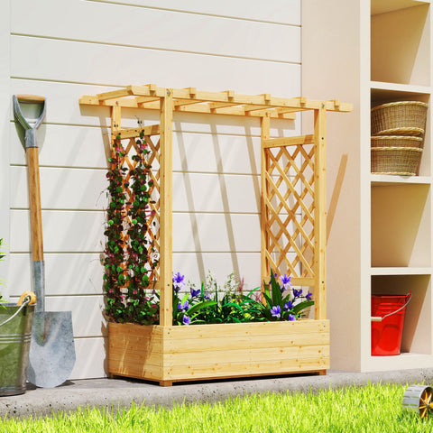 Outsunny light natural fir wood garden bed with trellis 110w x 44d featuring climbing green vines and purple flowers