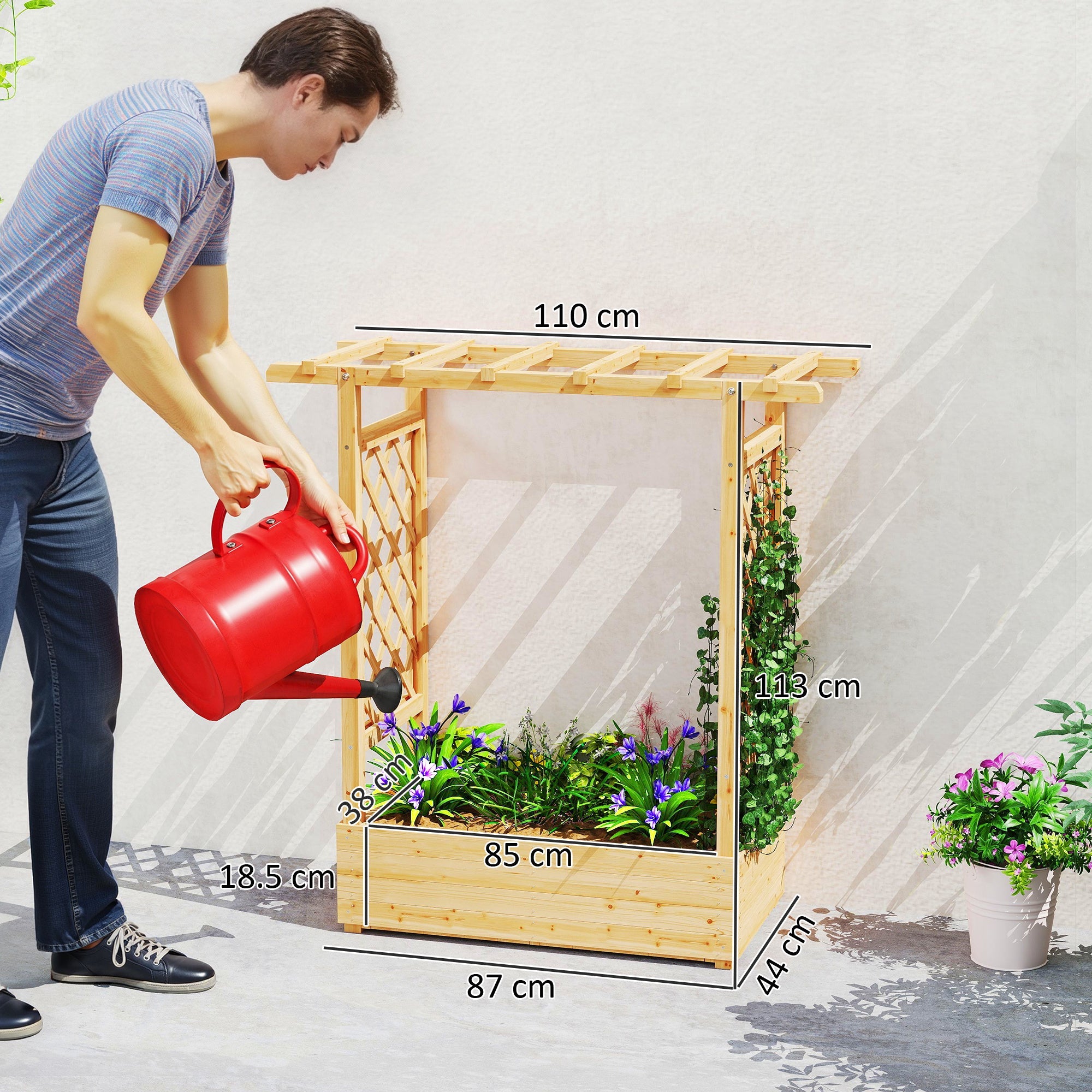 Natural light-colored fir wood garden bed with trellis and raised planter box 110w x 44d for herbs and flowers