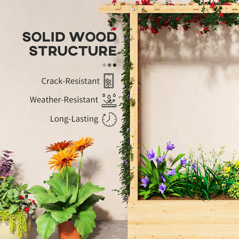 Light-colored fir wood garden bed with slatted top and integrated planters 110w x 44d for flowers and herbs