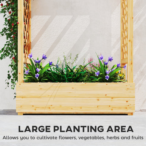 Light-colored fir wood garden bed with lattice trellis and vibrant purple flowers 110w x 44d outdoor planter box