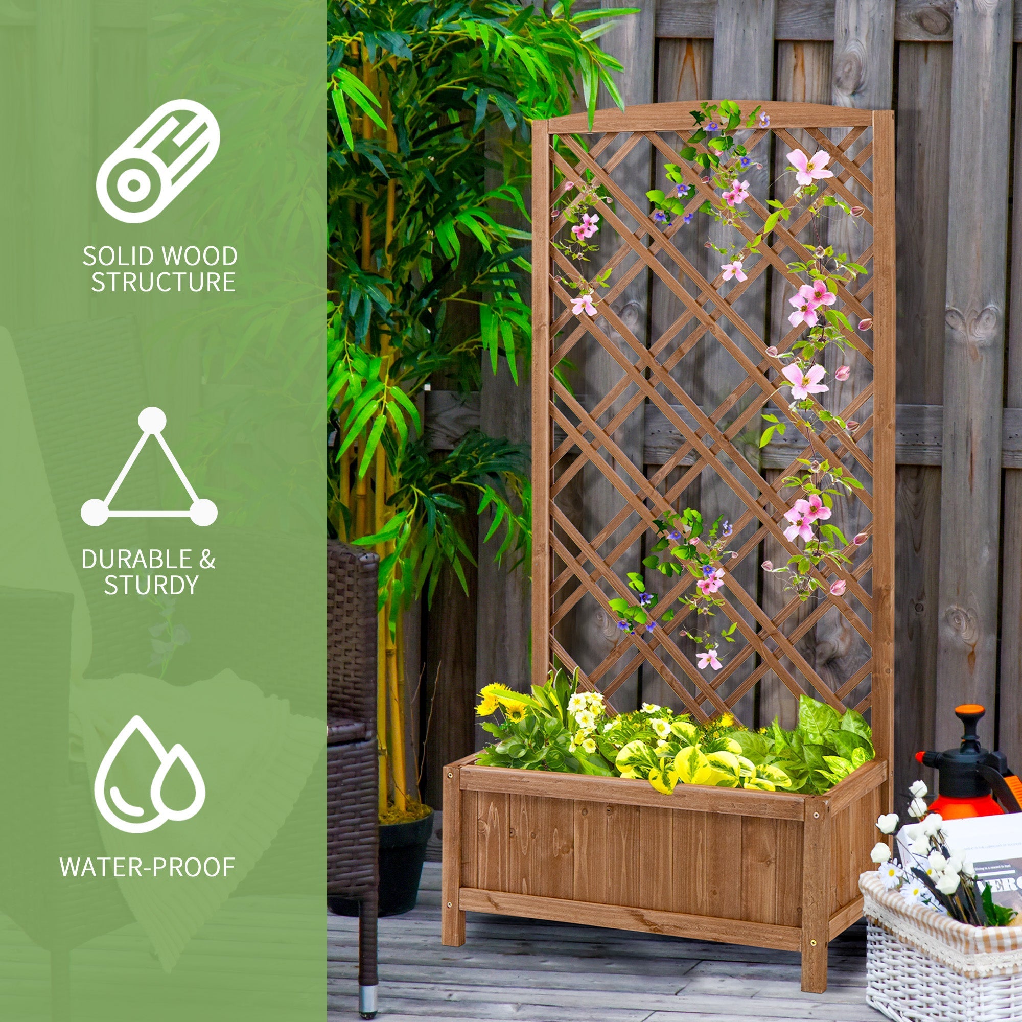 Outsunny brown fir wood garden bed with lattice trellis and planter box for vegetables herbs and flowers