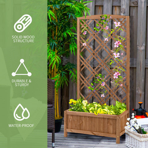 Outsunny brown fir wood garden bed with lattice trellis and planter box for vegetables herbs and flowers