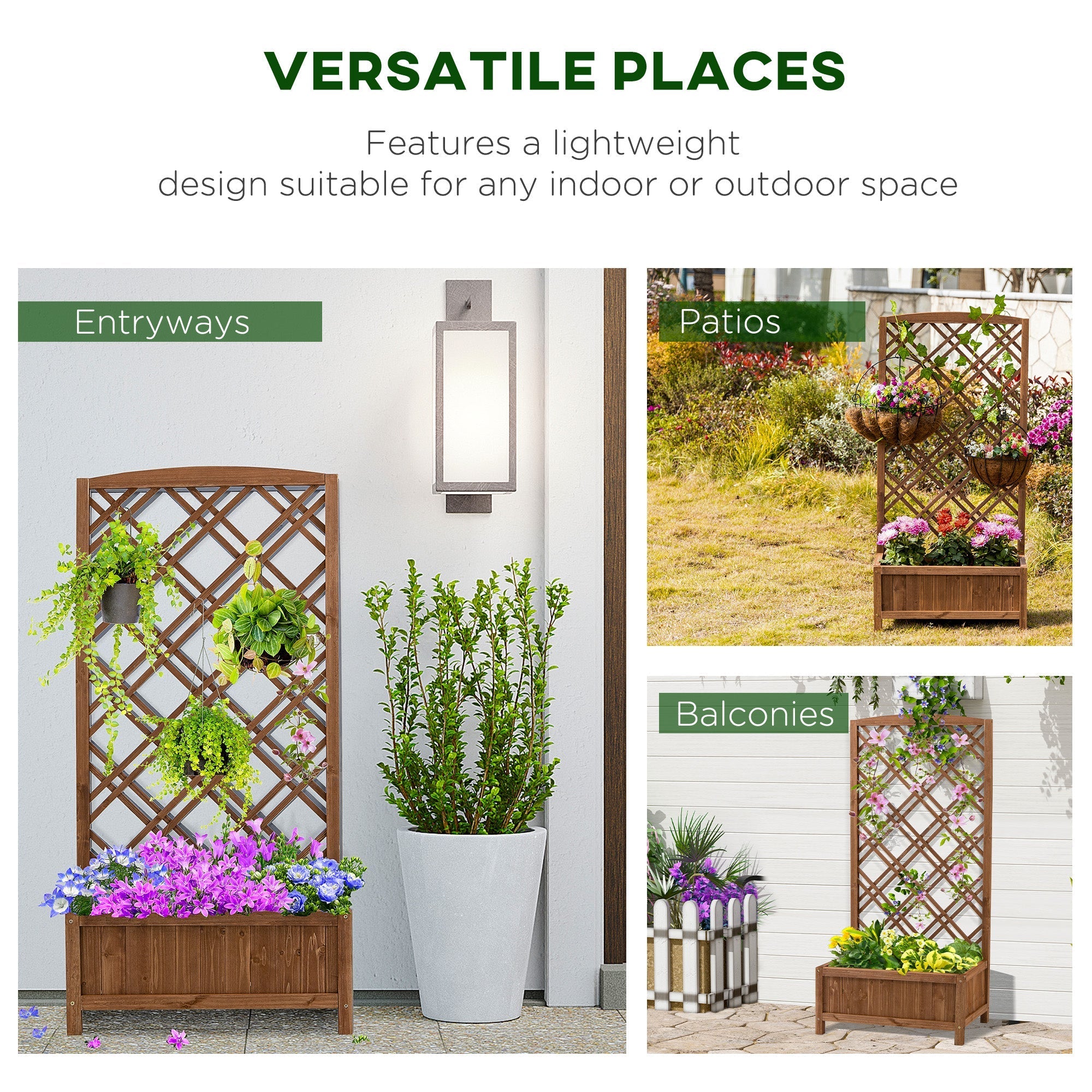 Brown fir wood garden bed with lattice trellis planter and hanging plant holders for vegetables herbs and flowers