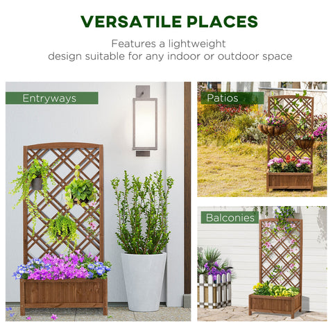 Brown fir wood garden bed with lattice trellis planter and hanging plant holders for vegetables herbs and flowers