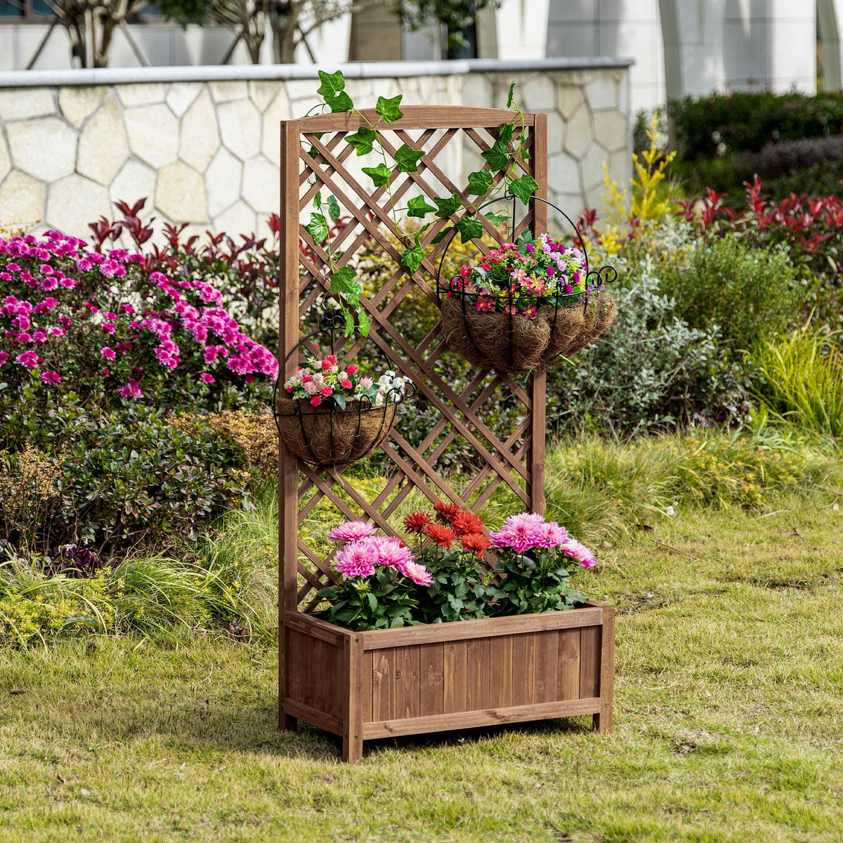 Brown fir wood garden bed with lattice trellis and hanging woven baskets for vegetables herbs and flowers