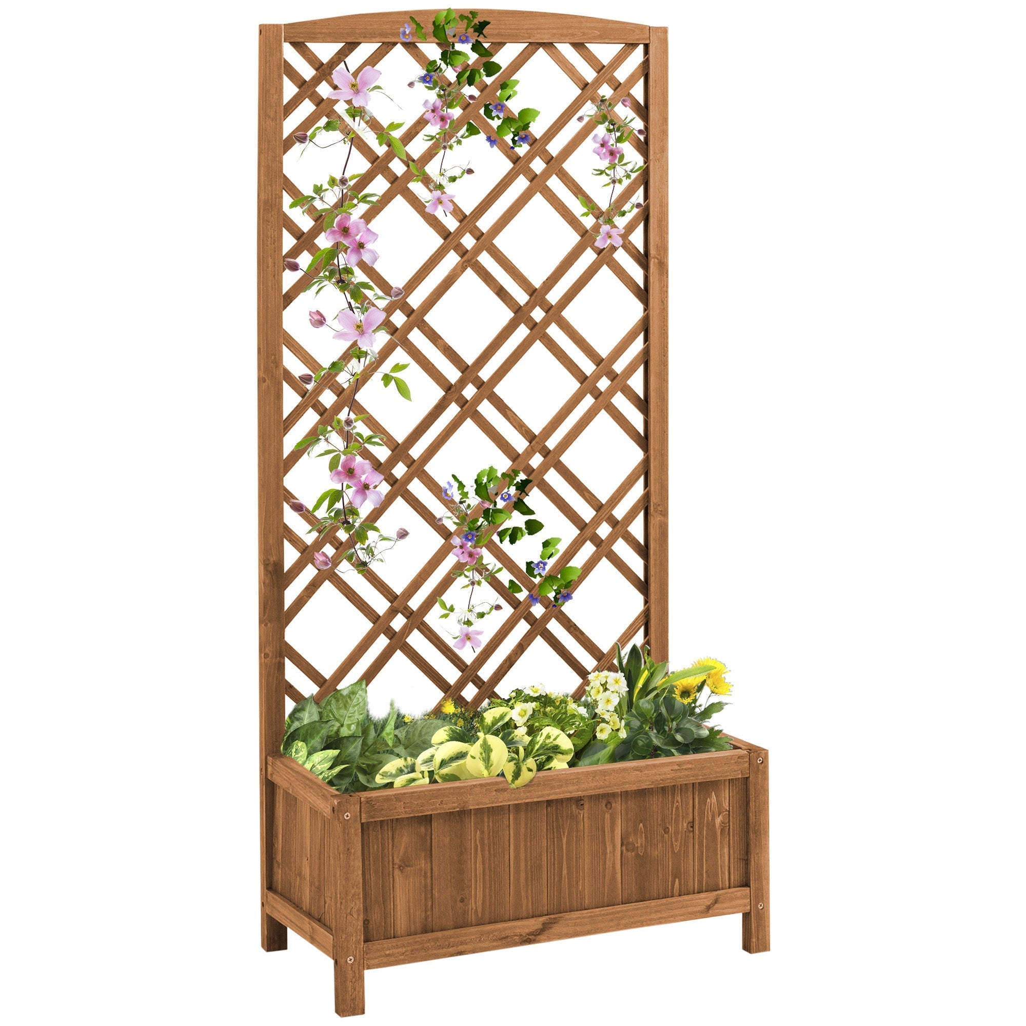 Outsunny brown fir wood garden bed with lattice trellis and planter box featuring climbing pink and purple flowers