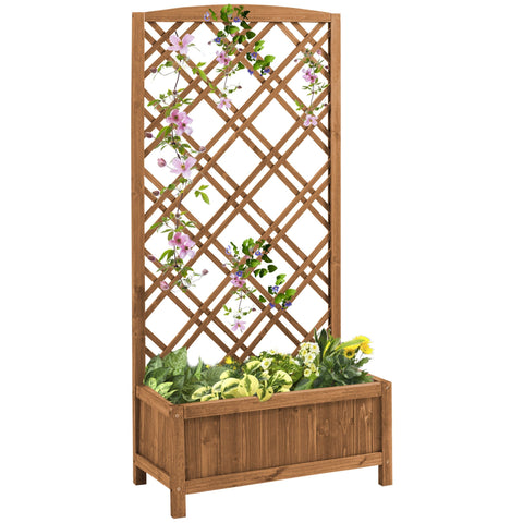 Outsunny brown fir wood garden bed with lattice trellis and planter box featuring climbing pink and purple flowers