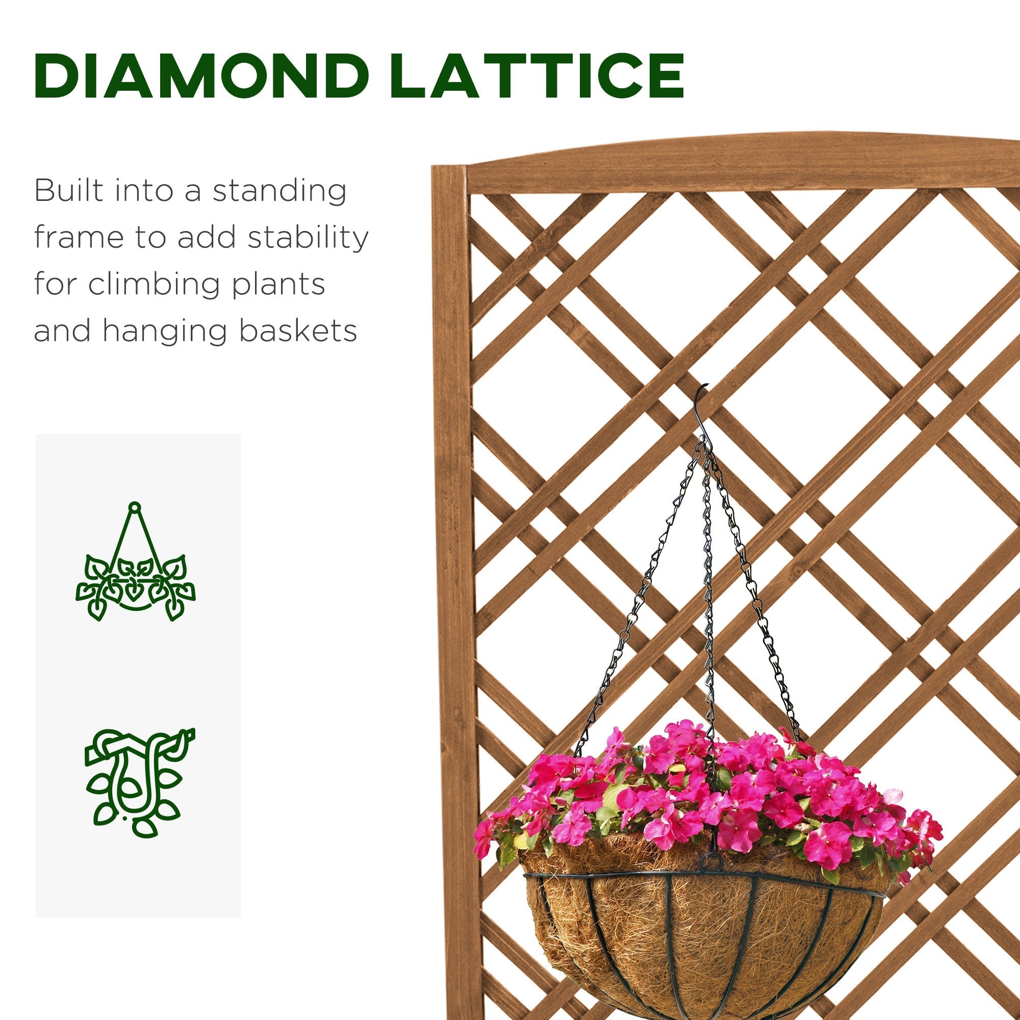 Outsunny wooden garden bed with fir wood lattice trellis and pink flower hanging basket in brown finish