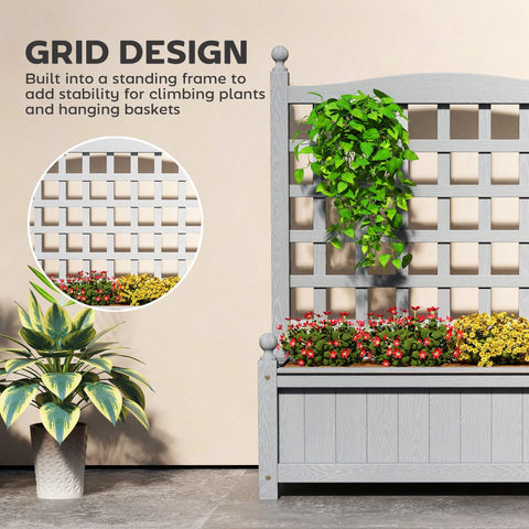Gray wooden garden trellis planter box with grid design for climbing vines features two leakage holes for drainage