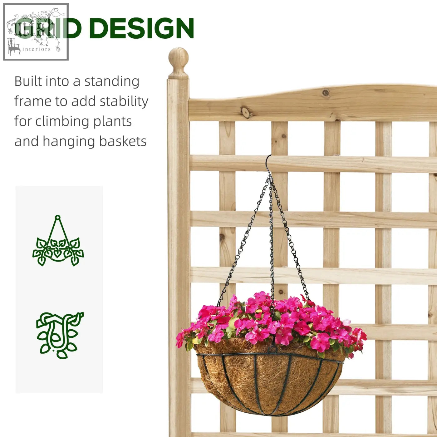 A hanging basket in a woven coconut fiber liner with two leakage holes, perfect for climbing plants on outsunny trellis
