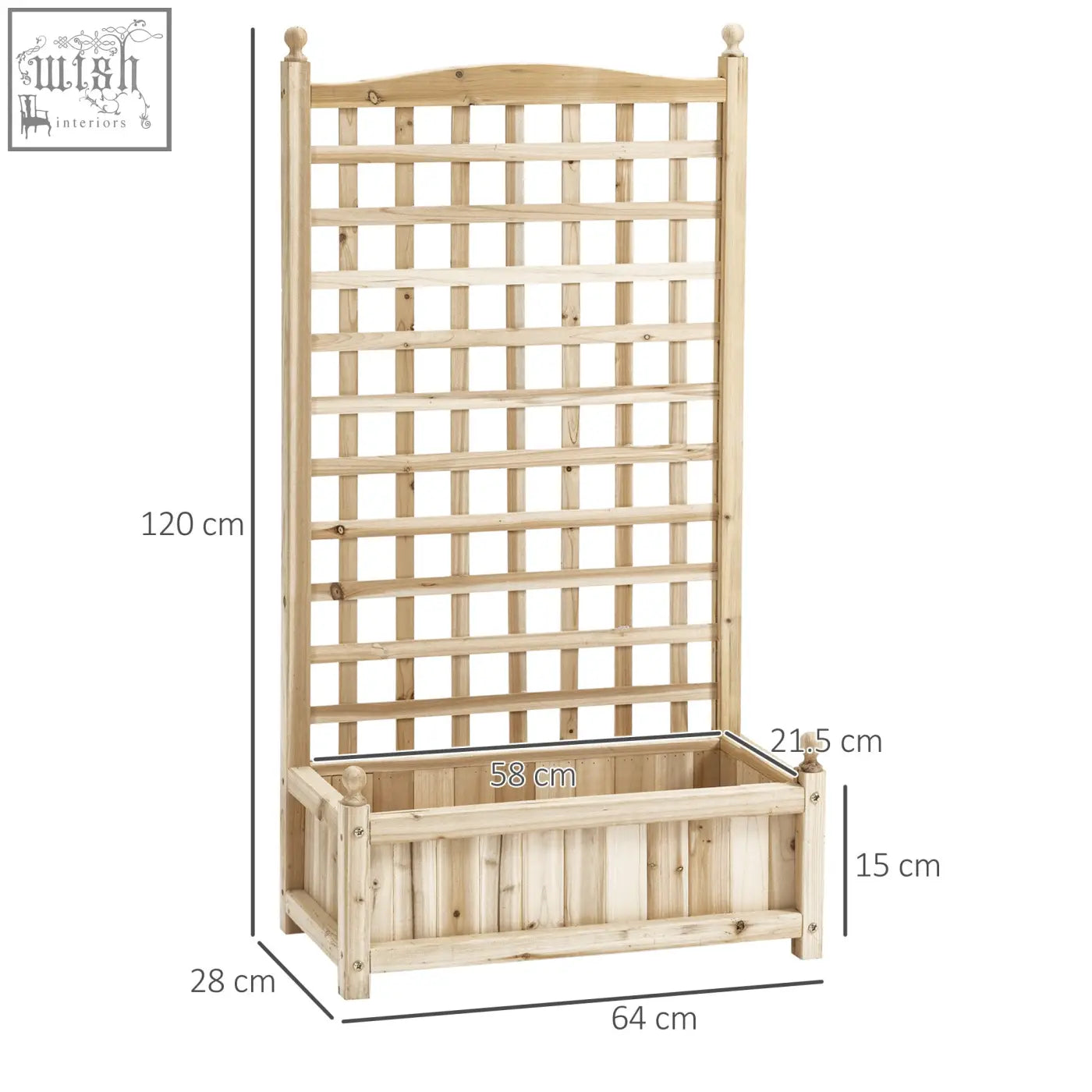 Light-colored wooden outsunny garden planter with trellis and two leakage holes for vines and flowers indoor outdoor