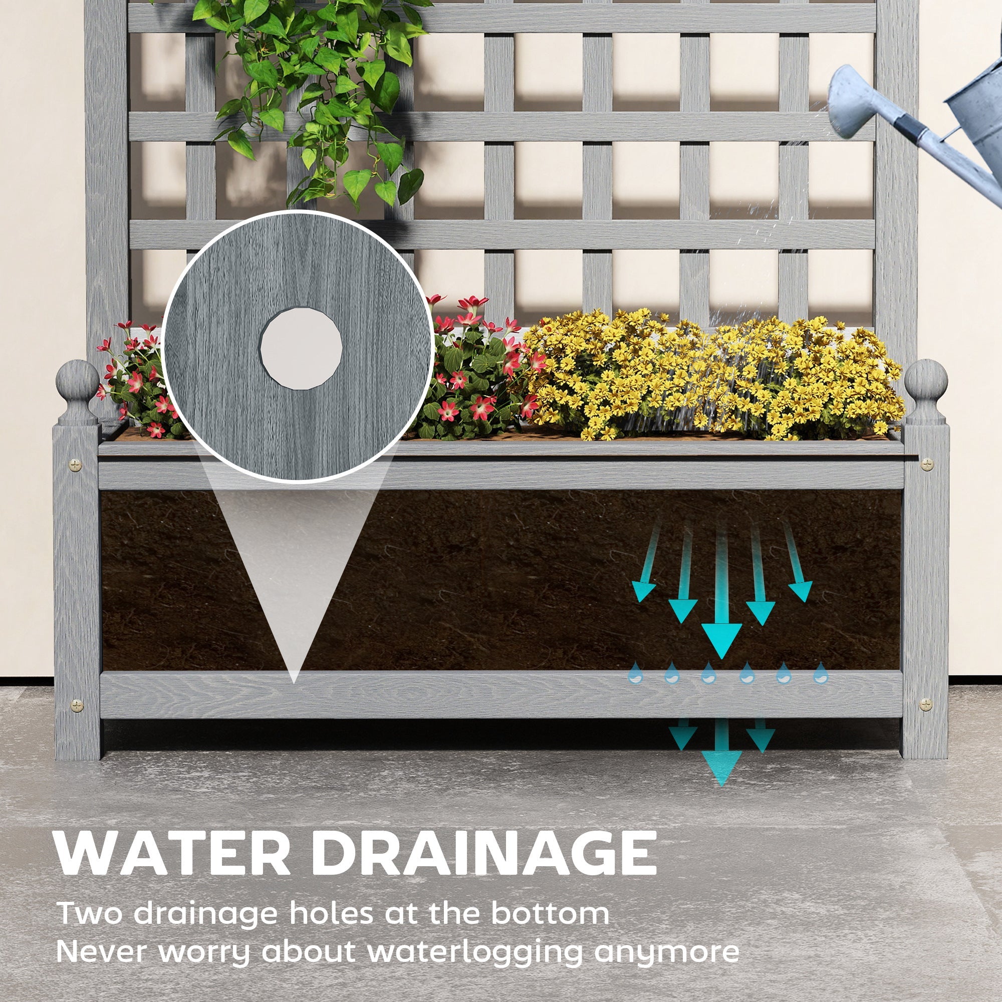 Gray wooden outsunny garden planter with decorative lattice backing and two leakage holes for indoor outdoor use