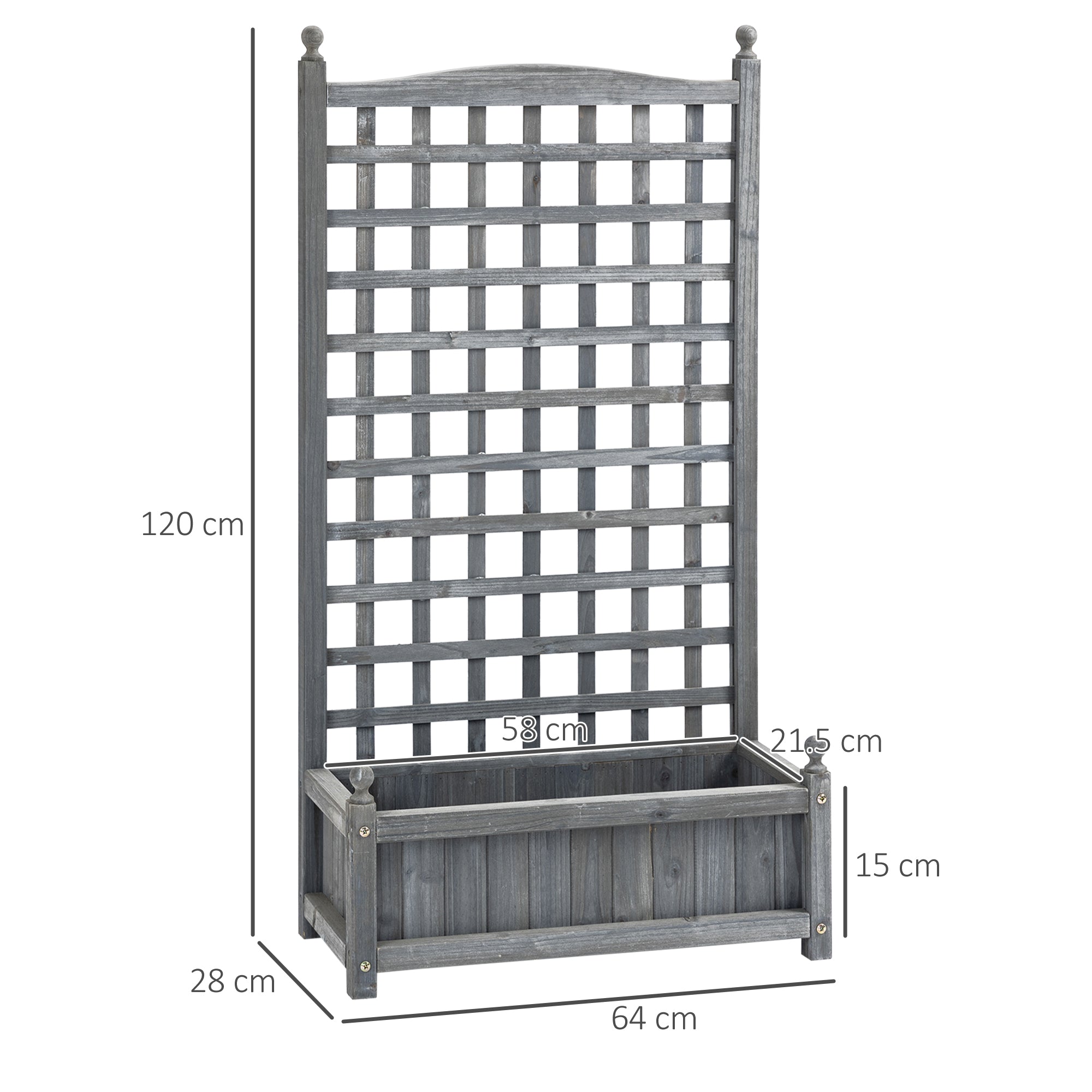 Gray wooden garden trellis with integrated planter box featuring two leakage holes for outdoor climbing vines by Outsunny