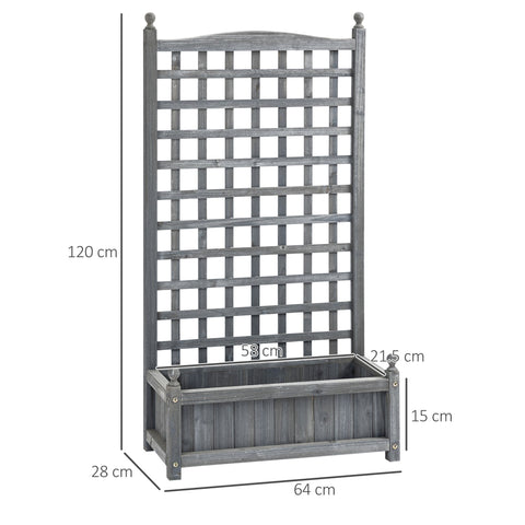 Gray wooden garden trellis with integrated planter box featuring two leakage holes for outdoor climbing vines by Outsunny