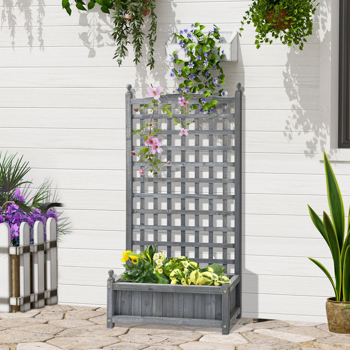 Gray wooden garden trellis with two leakage holes and integrated planter box for climbing vines by outsunny