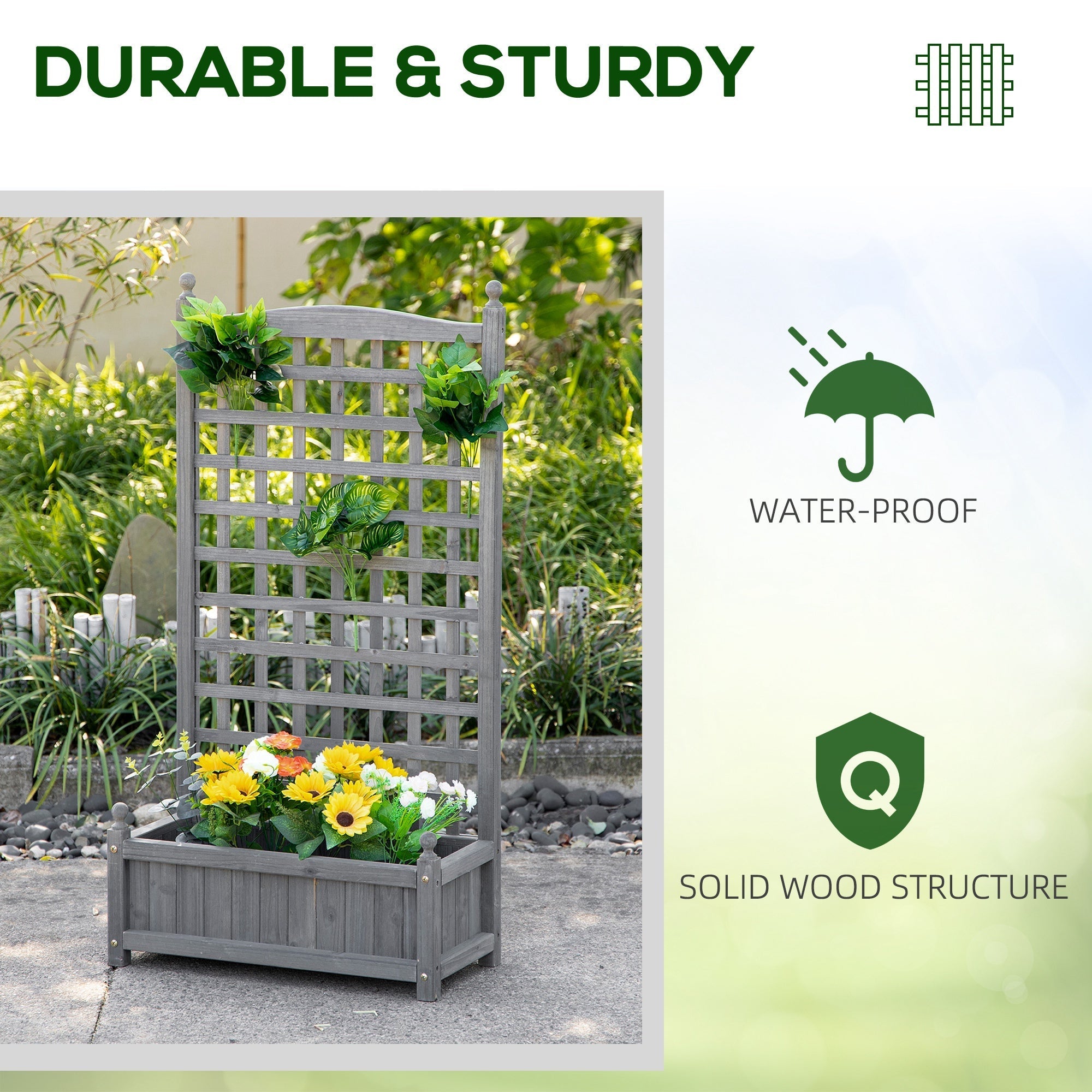 Gray wooden garden trellis with lattice design and planter box featuring two leakage holes for indoor outdoor use