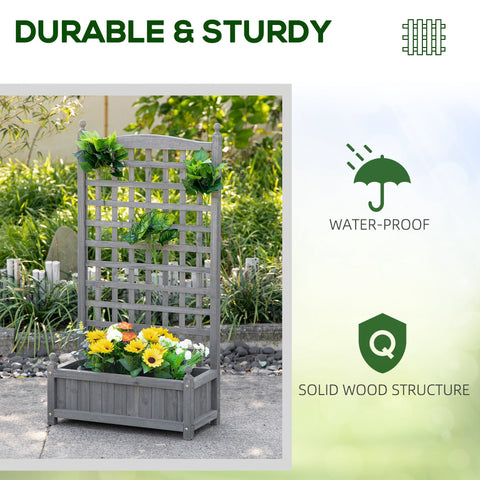 Gray wooden garden trellis with lattice design and planter box featuring two leakage holes for indoor outdoor use