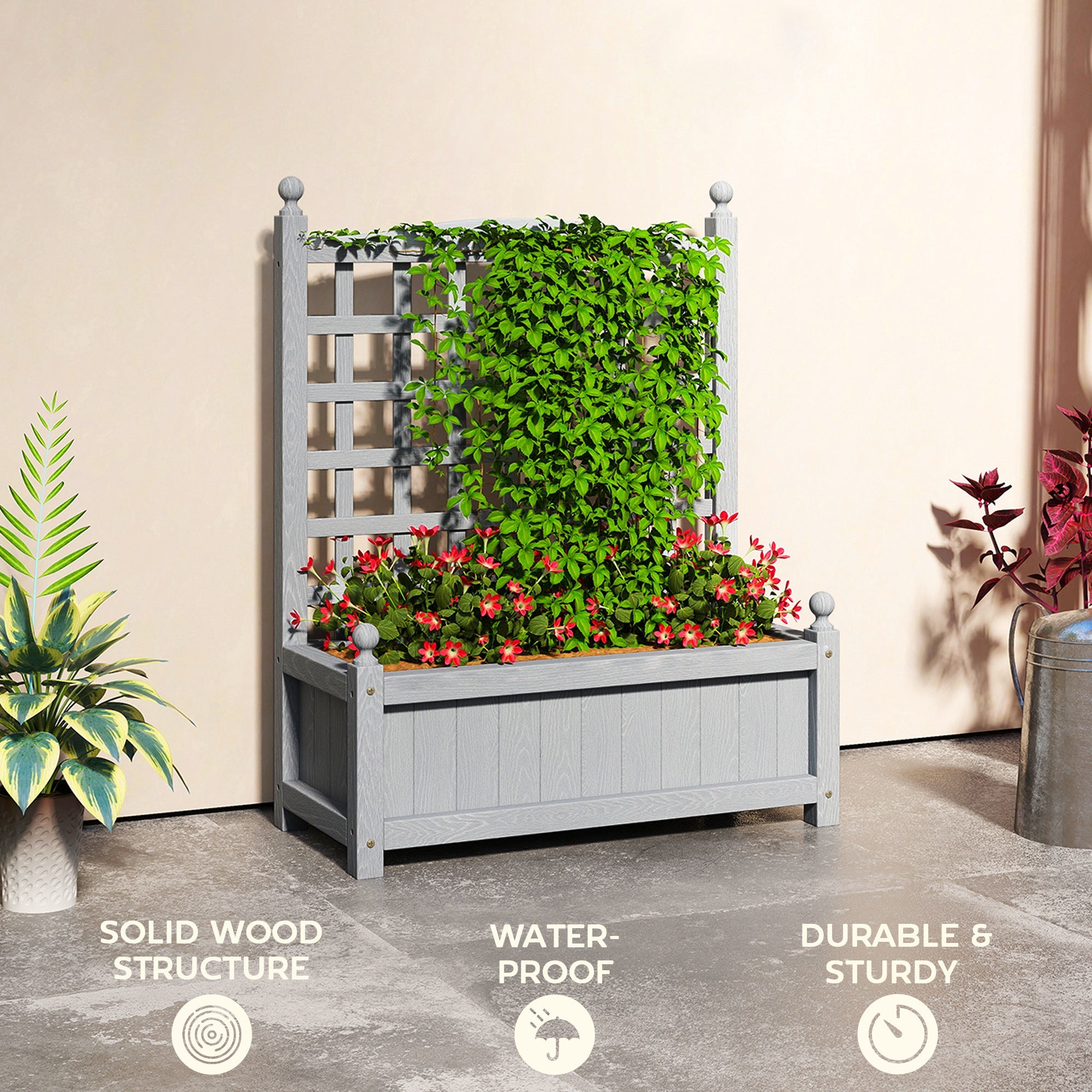Gray wooden planter with integrated trellis and two leakage holes for indoor outdoor vertical garden use