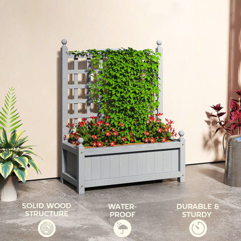Gray wooden planter with integrated trellis and two leakage holes for indoor outdoor vertical garden use