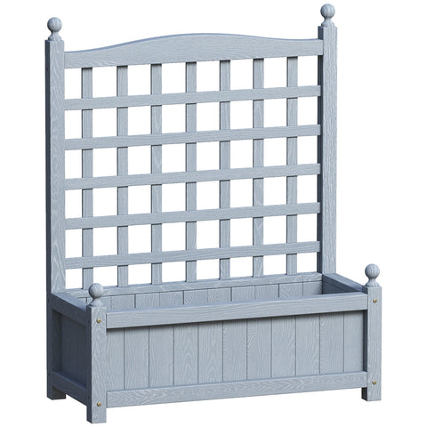Gray wooden garden trellis with integrated planter box featuring two leakage holes for outdoor climbing vines