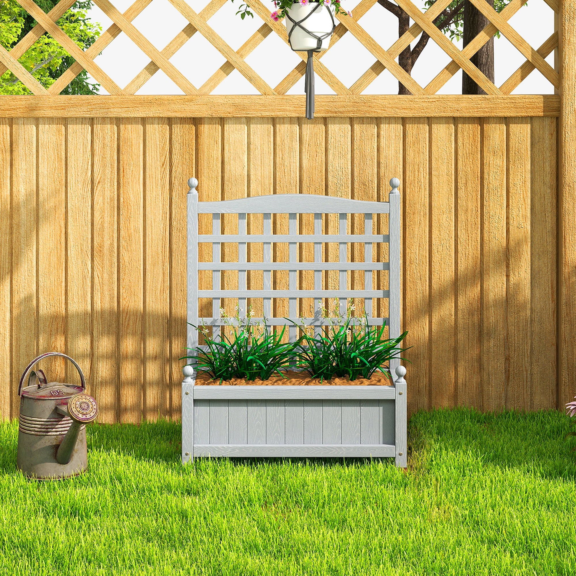 Gray wooden garden trellis with integrated planter box and two leakage holes for climbing vines outdoor use