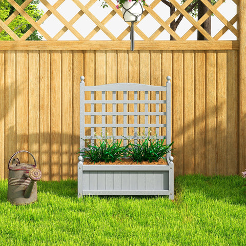 Gray wooden garden trellis with integrated planter box and two leakage holes for climbing vines outdoor use