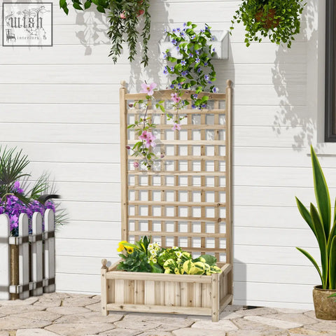 Outsunny light wood garden planter with trellis and two leakage holes for climbing vines indoor outdoor use